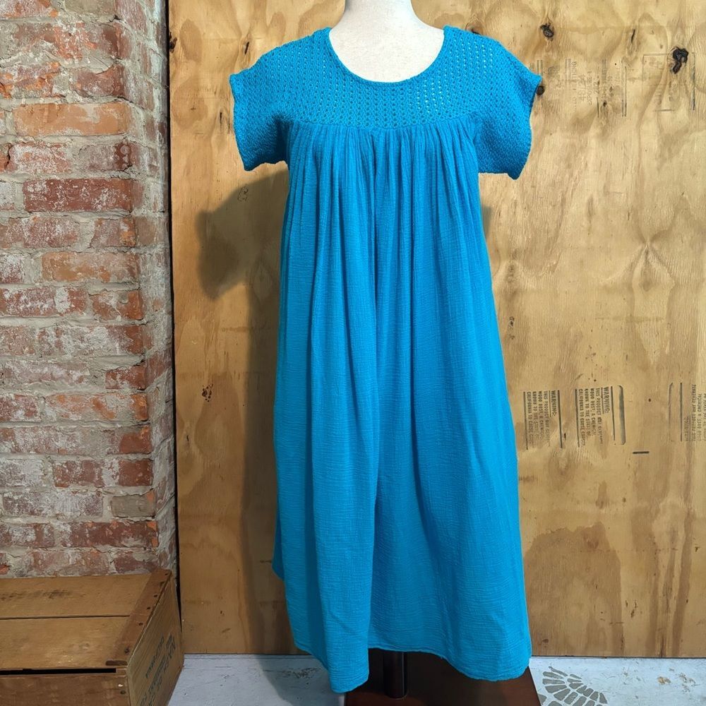 Vintage AC Gauze 70s Turquoise Boho Dress Crochet Bib Flowy 100% Cotton